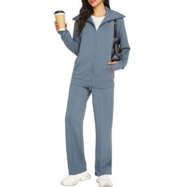 Casly Lamiit Womens Two Piece Sweatsuit Set Matching Lounge Outfits Travel Athletic Casual Zip Up Sweatshirt Jogging Pants Airport Clothes Blue Grey 2XL