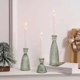 Joyfice Vertical Stripe Candlestick Holders Set of 3, Premium Glass Candle Holders for Candlesticks and Taper Candles, Vintage Candle Holder Decor for Table Centerpiece, Green