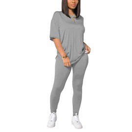 HBQ Women 2 Piece Outfits Summer Sweatsuits Drop Shoulder Tracksuits Biker Short Workout Jogger Sets Grey M