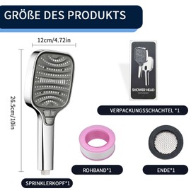 High Water Pressure Shower Head - Rain Shower with 8 Jet Types - Powerful Chrome-plated Hand Shower, Water-Saving and Antibacterial - Shower Head Large