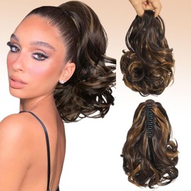 Webshaiy Short Ponytail Extension Ponytail Extension 30 cm Short Claw Clip in Ponytail Hair Extensions Curly Wavy Hair Extensions Synthetic Hairpiece for Women Highlight 4/27
