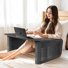 IKIKAKI Overbed Table with Tablet and Phone Slot, Over Bed Desk with Arm Rests, Bed Table for Eating and Laptop, Working, Writing in Bed Couch