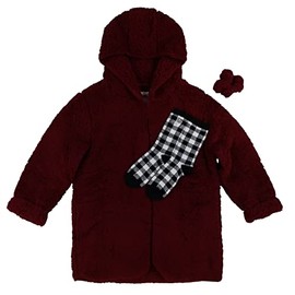 Victoria's Secret Cozy Sherpa 3 Piece Gift Set Hooded Robe Socks and Scrunchie (Maroon)