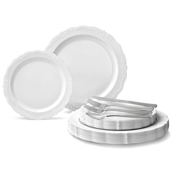 " OCCASIONS " 150 Piece set (25 Guests)-Vintage Wedding Plastic Plates & cutlery -Disposable Dinnerware 10'', 7.5'' + Silverware w/double fork (Verona White)