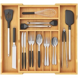 Lifewit Silverware Drawer Organizer, Expandable from 12 to 21 Inches, 9 Slot Utensil Tray for Kitchen, Bamboo Flatware and Cutlery Holder, Wood Adjustable Storage for Spoons Forks Knives, Natural