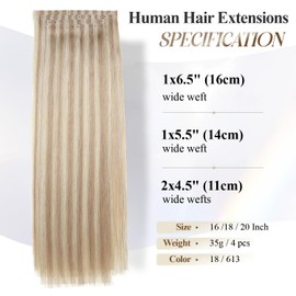 Human Hair Extensions Micro Ring PU Hair Extensions Glueless Remy Human Hair Extension with Holes Ash Blonde Highlight Blonde 18/613 Invisible Tape in Hair Extension for Women (30g 4Pcs,16 Inch)