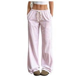 SOLY HUX Women's Drawstring Straight Leg Baggy Pants Casual Lounge Pants Trousers with Pocket Solid Pink Medium