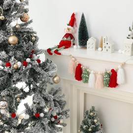 Christmas Banner Wood Bead Tassel Garland and Red White Pom Pom Garlands Wall Hanging Home Decor for Party Decoration