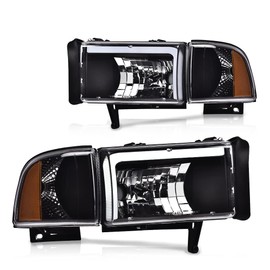 GRAND ORANGE Led Drl Headlights Assembly, Compatible with Dodge Ram 1500 2500 3500 1994 1995 1996 1997 1998 1999 2000 2001 2002 Clear lens Black Housing Amber Reflector