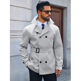 Runcati Mens Trench Coat Double Breasted Notched Lapel Jacket Casual Belted Windbreaker Overcoat