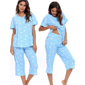 ENJOYNIGHT Women's Cotton Pajamas Set Short Sleeve Top with Capri Pants Sleepwear Set (Large, Moon)
