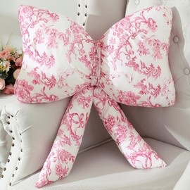 Colingmill Coquette Bow Pillow Printing Pink Flower Large Bow Shaped Pillow Decorative Plush Bow Pillows Preppy Throw Pillow for Sofa Bed Women Room Home Decoration 24inch