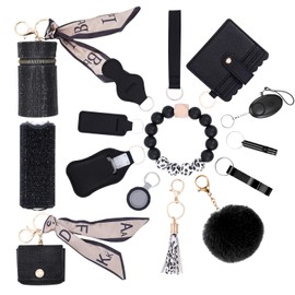 AMIR Safety Keychain Set for Women, Wristlet Keychain with Personal Alarm, Earphone Case, Lipstick Pouch, Cute Keychains for Women Girls, Black