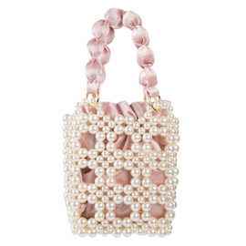 Abvokury YUSHINY Women Faux Pearl Beaded Pleuche Handle Bag Hollow Evening HandBag with Velvet Lining for Wedding Party, Pink
