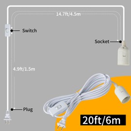 PinRight 20ft Pendant Light Cord, with E26 Socket Pendant Light Kit, Hanging Light Cord, Socket On Off Inline Cord Switch Control Lamp, for Kitchen Bedroom Plant Growth Light, White, 1-Pack