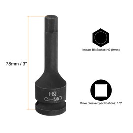sourcing map 2pcs H9 (9mm) Hex Impact Bit Socket 1/2" Drive Sockets CR-MO Steel Hex Lengthen Screwdriver Socket Adapter for Electric Ratchet Wrenches Fastening Screws