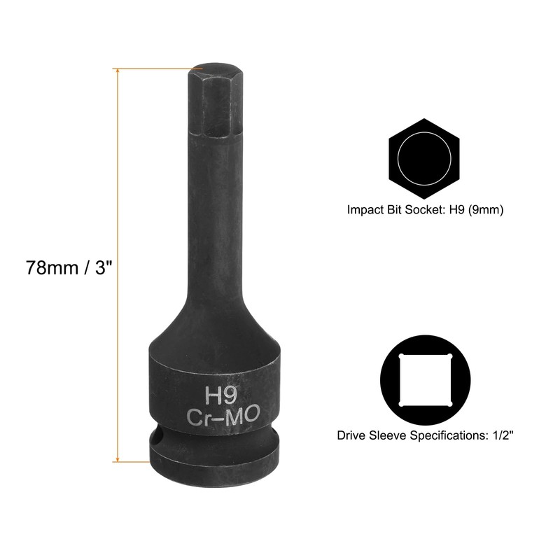 sourcing map 2pcs H9 (9mm) Hex Impact Bit Socket 1/2"
