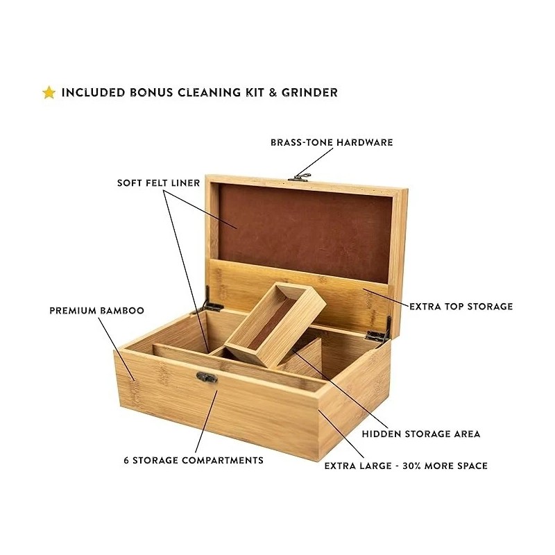 Large Premium Bamboo Wooden Stash Box for Discrete Storage of