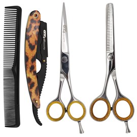G4 Vision barber Hair Scissors Cutting & Thinning Scissors Kit Straight Edge Razor Comb with Black Storage Case With Free Blades (5.5 Inch)
