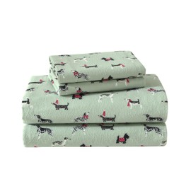 Laura Ashley - Juego de sábanas de Franela de algodón, Cepillado para Mayor suavidad y Comodidad (Holiday Pups Green, Individual)                     