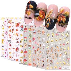 12pcs Holographic Autumn Nail Stickers 3D Laser Fall Fruits Pumpkin Mushroom Maple Leaf Squirrel Ginkgo Leaf Butterfly Decals DIY Self Adhesive Manicure Decoration
