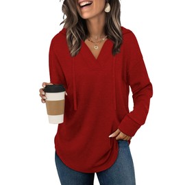 SAMPEEL Hoodies for Women Pullover Christmas Sweatshirt V Neck Loose Fit Tunic Red M