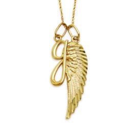 Gold Angel Wing Charm with Initial Pendant Necklace - 10 Karat Gold - Letter Charm - Angel Wing Pendant - Optional Gold Chain - Memorial Jewelry Sympathy Gift (Letter e, No Chain - Pendant Only)