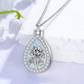 PELOVNY Lotus Opal Urn Necklace for Ashes 925 Sterling Silver July Birth Flower Teardrop Cremation Necklace for Ashes of Loved One Keepsake Memorial Jewelry for Women