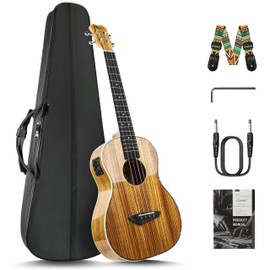 Caramel 30 inch CB103 Zebra wood High Gloss Baritone LCD color display Electric Ukulele Professional Ukelele Kit Beginner Travel Guitar Starter Pack Bundle, Padded Gig Bag, Strap Set