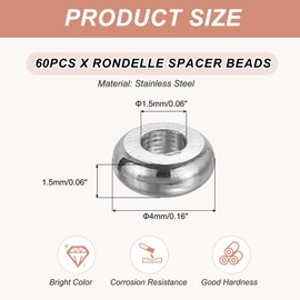 sourcing map 60 Pcs Flat Round Spacer Beads 4mm Stainless Steel Heishi Beads Rondelle Disc Loose Bead for Jewelry Making Earring Bracelet Necklace, Silver 1.5mm ID x 1.5mm H