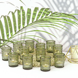 12 Pcs Green Glass Votive Candle Holders, Tealight Candle Holders for Table Centerpieces, Vintage Candle Holder Bulk, Boho Wedding, Home, Bridal Shower, Birthday Party Table Decor (Green)
