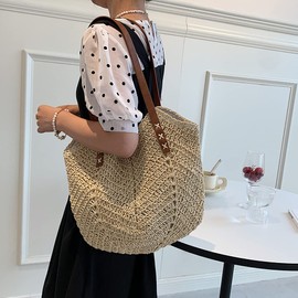 DKIIL NOIYB Straw Shoulder Bag For Women, Large Straw Bags Weave Handmade Handle Tote Bag Summer Beach Straw Handbags Bohemian Crossbody Bag
