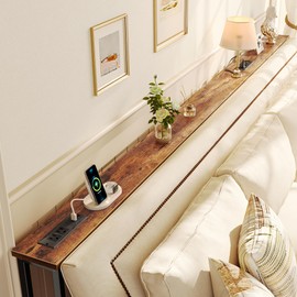 SUPERJARE 102 Inch Sofa Table with 2 Power Outlets and USB-C Ports, 5.9 Inch Narrow Console Table with Storage, Extra-Long, for Entryway Hallway Couch Behind Sofa, Small Spaces, Rustic Brown