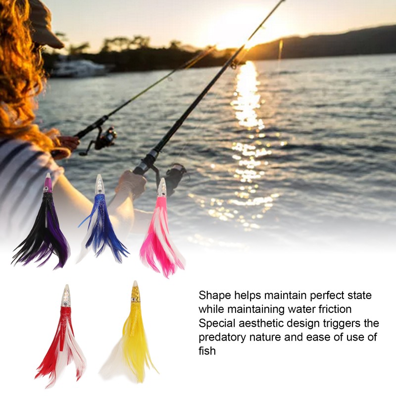 5Pcs Feather Trolling Fishing Lures Colorful Feather Jet Head Trolling