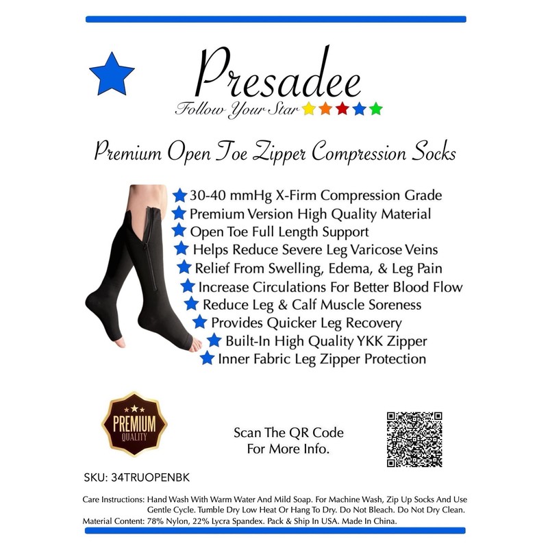 Presadee 30-40 mmHg Extra Firm Zipper Compression Leg Swelling Open