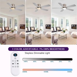 FUMLTP 52 inch Ceiling Fans with Lights, Flush Mount Ceiling Fan with Light and Remote/APP Control, DC Motor, Dimmable LED, Noiseless, Low Profile Ceiling Fan for Bedroom Indoor/Outdoor Use (Nickel
