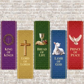 FuWeave 5 Pcs Christian Church Banners 2ft x 6ft Church Banners Names of God with Scripture Sanctuary Religious Hanging Sign for Wall Welcome Backdrop Communal Prayers Christmas Gift