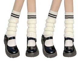 SUNTRADE Womens Knit Long Socks Leg Warmers,Japanese Kawaii Winter Boot Socks for 80s Eighty's Party Sports Yoga, 2 Pairs (Whitex2)