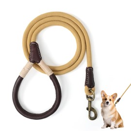 Mile High Life Dog Leash | Strong Rope Dog Leash w Soft Leather Wrapped Handle | 5 Feet Dog Leash w Heavy Duty Clasp | Yellow Rope Leash for Small Medium Large Dogs | Diameter 1/2" (60 Inches)