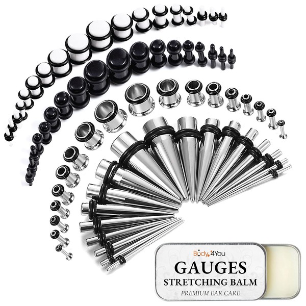 BodyJ4You 72PC Ear Stretching Kit - 14G-00G Beginner Gauges - Aftercare Balm Wax - Surgical Steel Tunnels Solid Metal Tapers Black White Acrylic Plugs - Men Women Unisex Body Jewelry
