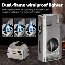 USEWIRE Cigar Lighter and Cigar Holder Set, Refillable Butane Cigar Lighter with V-Shaped and Foldable Punch,Men's Gifts