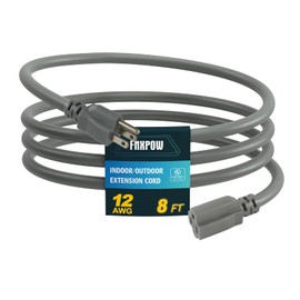 FNXPOW Indoor Outdoor Extension Cord, 12 Gauge 3 Prong Weatherproof Heavy Duty Gray Extension Cords, 12/3 SJTW 15A 8 FT Extension Cable for Garage, Garden and Home, UL Listed