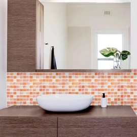 Yoillione 3D Mosaic Tile Sticker Removable Wallpaper Tile Orange, 3D Self Adhesive Wall Tiles Bathroom Wall Tiles for Kitchen Backsplash Orange, PVC Square Decorative Vinyl Tile Decals, 4 Sheets