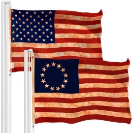 UD_G128 Combo Pack: American USA Tea-Stained Flag 3x5 Ft & Betsy Ross Tea-Stained Flag 3x5 Ft  Both LiteWeave Pro Series Printed