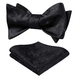 HISDERN Men's Paisley Floral Jacquard Wedding Party Self Bow Tie Pocket Square Set Black