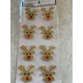 CHRISTMAS STICKER GLITTER REINDEER HEAD DEER RED NOSE 8PCS