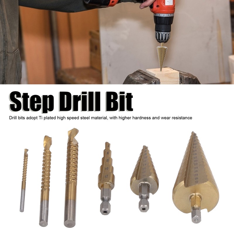 3Pcs Step Drill Bit Hex Shank Straight Grooved HSS Ti