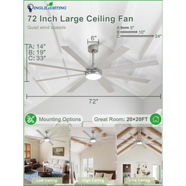DLLT Large Ceiling Fans with Lights: 72in Modern Indoor/Outdoor Ceiling Fan for Living Room Patio - Silver Ceiling Fans with Remote APP Control 8 Blades Reversible Quiet DC Motor Timer 6 Speeds 3 CCT
