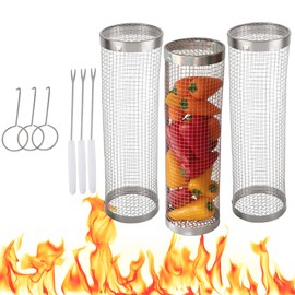 Home-Complete Grill Baskets for Outdoor Grill - Set of 3 Rolling Grill Baskets for Veggies, Shrimp, and Chicken - Stainless Steel BBQ Accessories