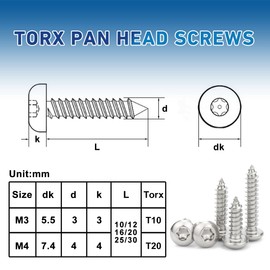 Drenky Self-Tapping Screws, Pack of 50 M3 x 12 mm Wood Screws Torx Stainless Steel A2 V2A Full Thread Flat Head Screws Pan Head Screws Wood